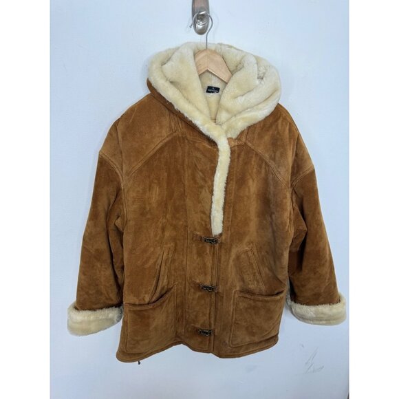 Gallery Tan Leather Faux Shearling Hooded Coat Women's L Oversized Toggle Style - Picture 5 of 9
